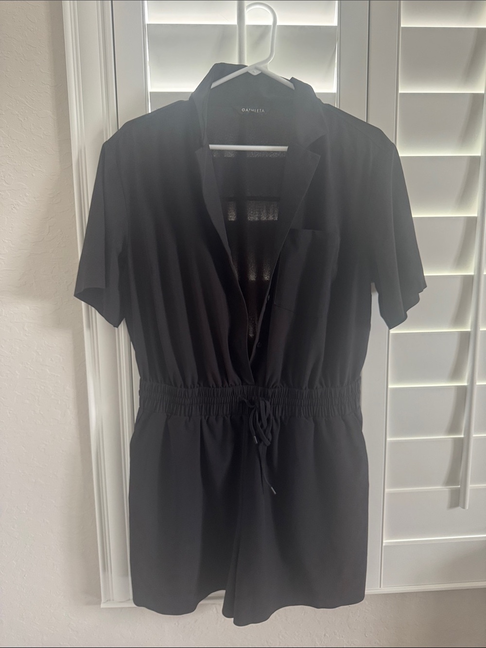 Athleta Black Short Sleeve Drawstring Romper